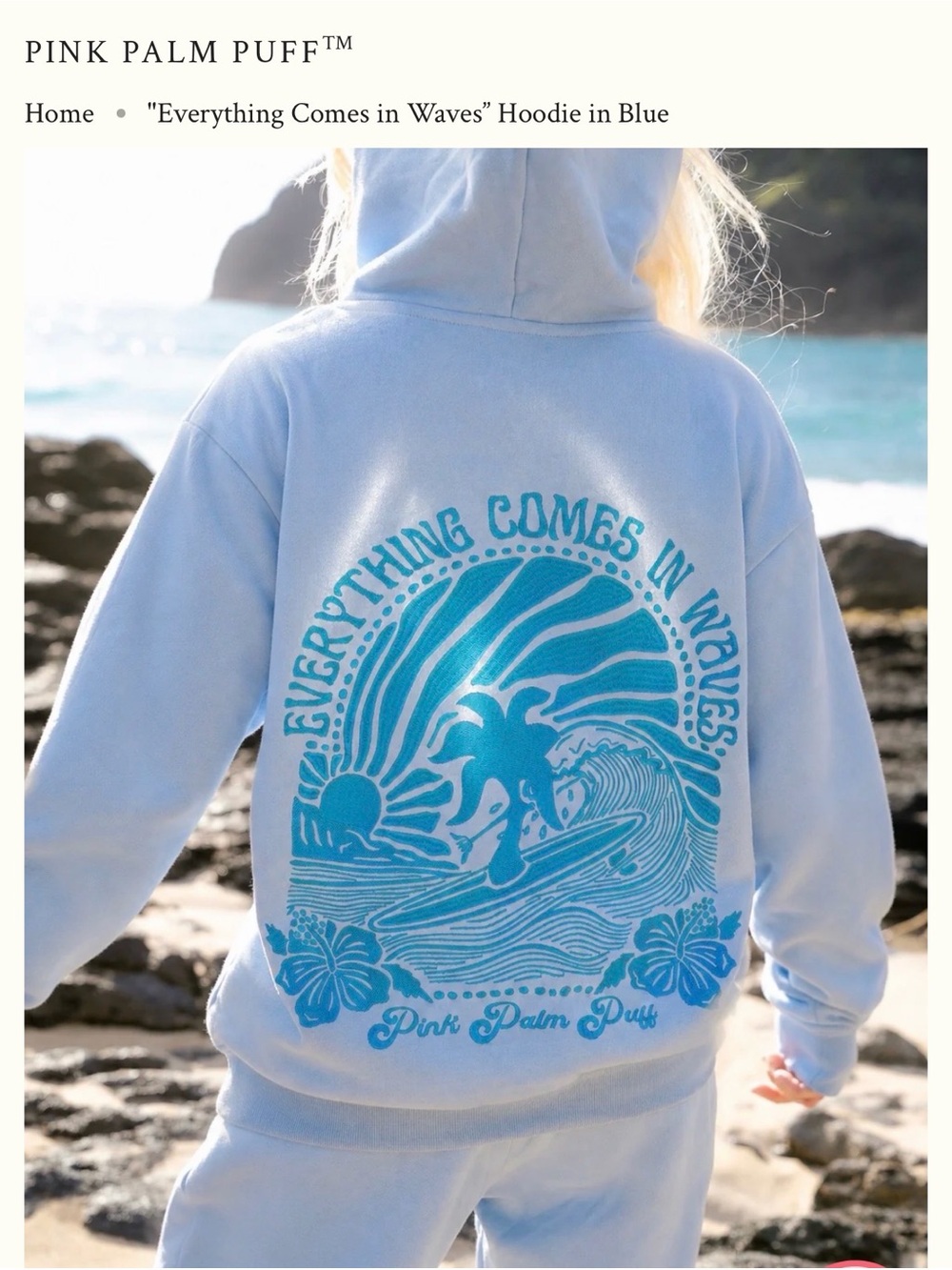 Pink Palm Puff Kids Blue Hoodie with Surf Graphic